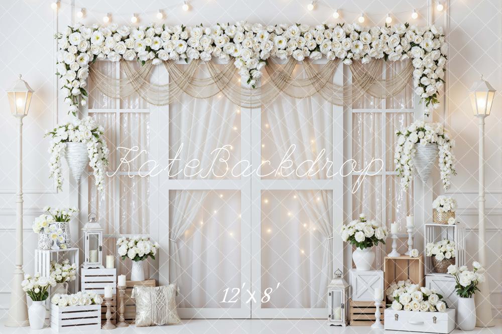 Kate Spring White Rose Flower Arch Lanterns Crates Backdrop Designed by Mini MakeBelieve