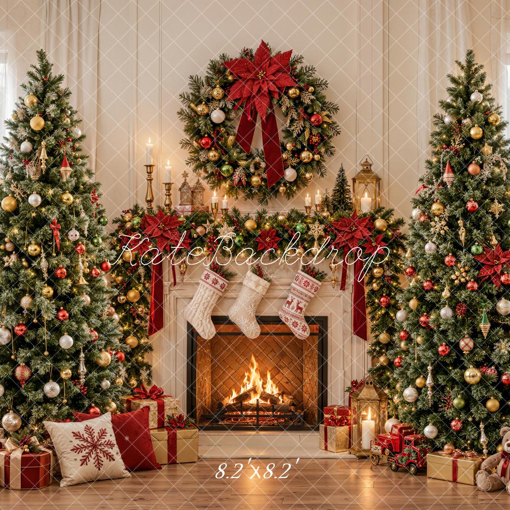 Kate Christmas Fireplace Ornaments Christmas Trees Wreath Printed Backdrop Designed by Emetselch