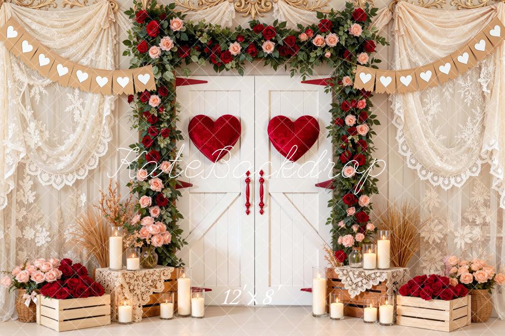 Kate Valentine's Day White Doors Heart Flower Arch Printed Backdrop Designed by Mini MakeBelieve
