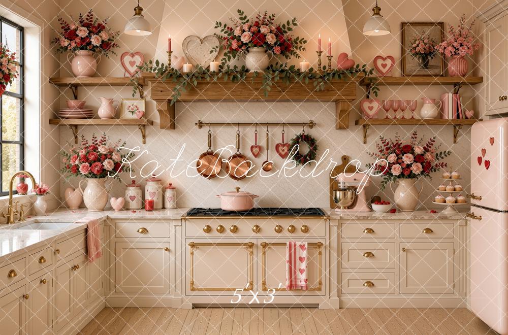 Kate Valentine's Day L-shaped Kitchen Floral Heart White Cabinets Printed Backdrop Designed by Ashley Ward