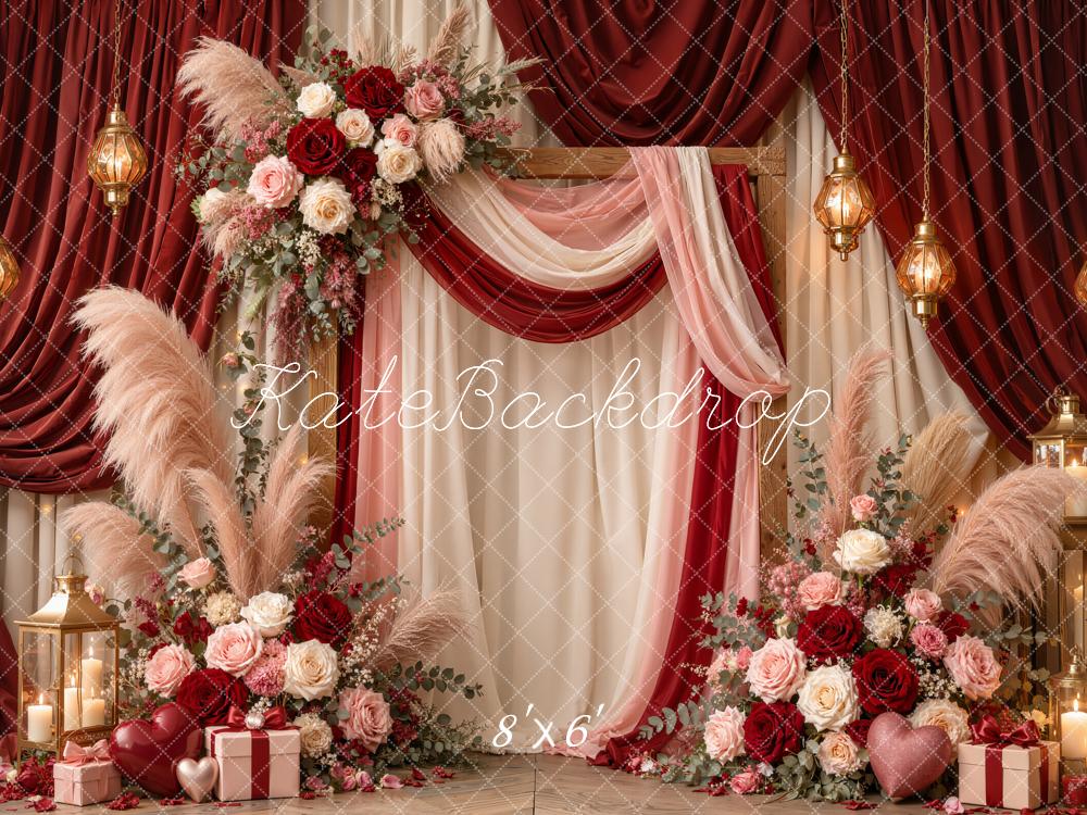Kate Valentine's Day Boho Red Drapery Floral Lanterns Printed Backdrop Designed by Emetselch