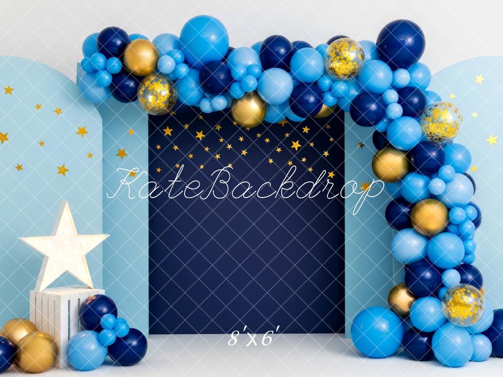 Kate Cake Smash Blue Balloon Arch Starry Night Printed Backdrop Designed by Patty Roberts