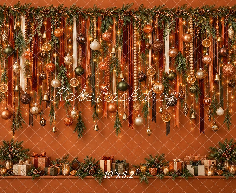 Kate Christmas Ornament Garland Orange Wall Lights Printed Backdrop Designed by Vertigo Productions