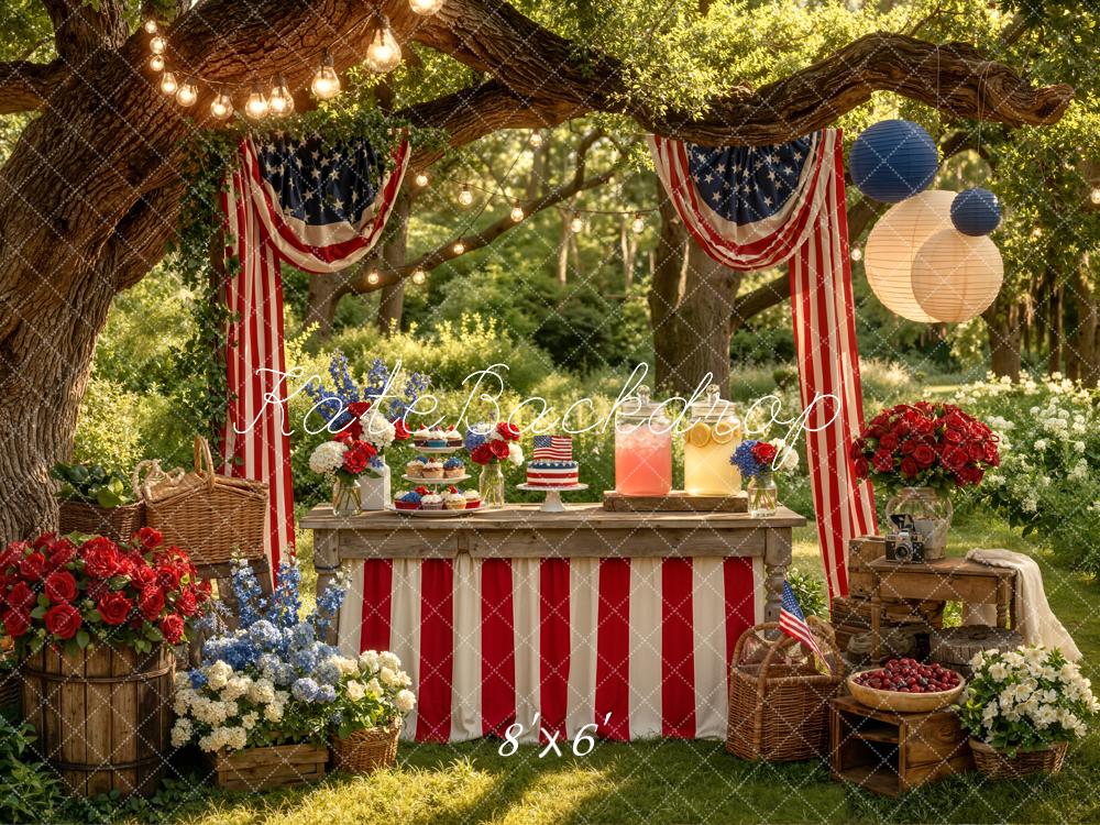 Kate Independence Day Patriotic Picnic Table Red White Blue Flowers American Flags Printed Backdrop Designed by Emetselch