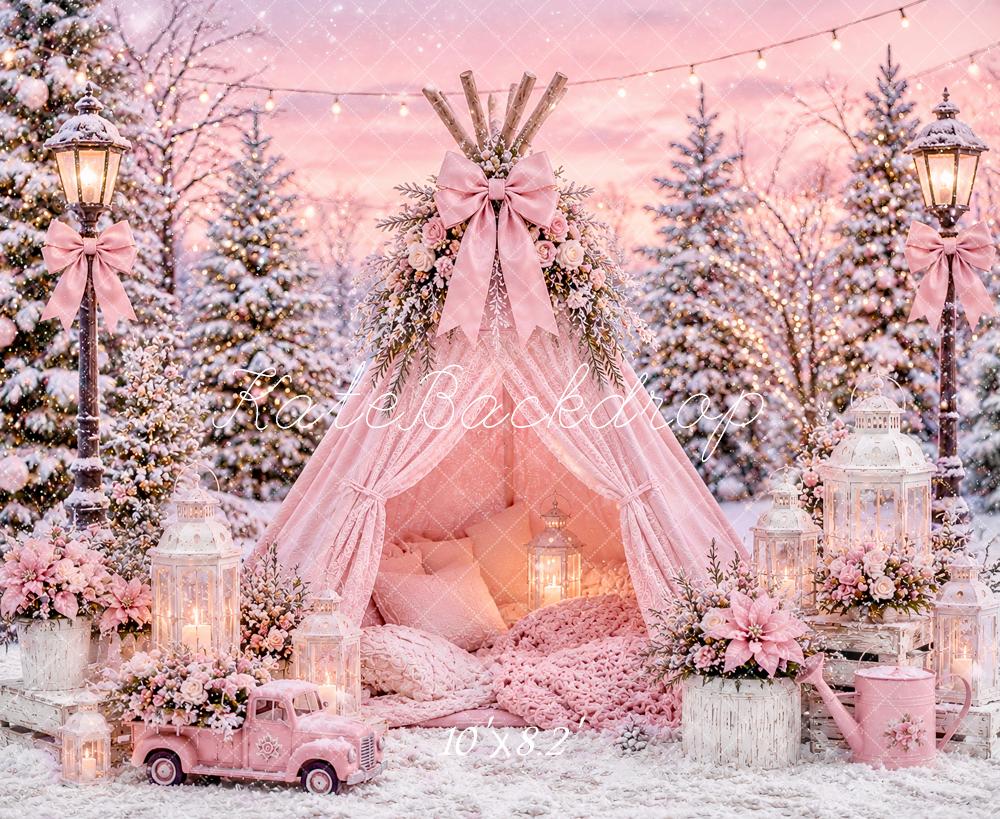 Kate Christmas Pink Floral Winter Teepee Snowy Forest Printed Backdrop Designed by Ashley Paul