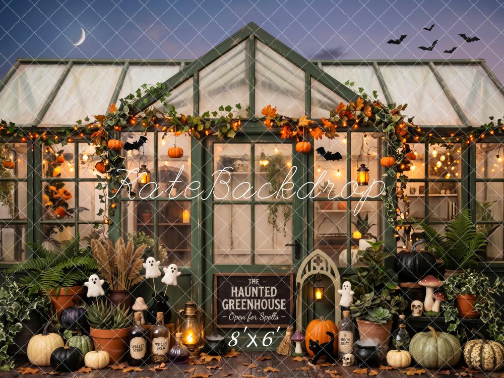 Kate Halloween Haunted Greenhouse Pumpkins Leaves Printed Backdrop Designed by Patty Roberts