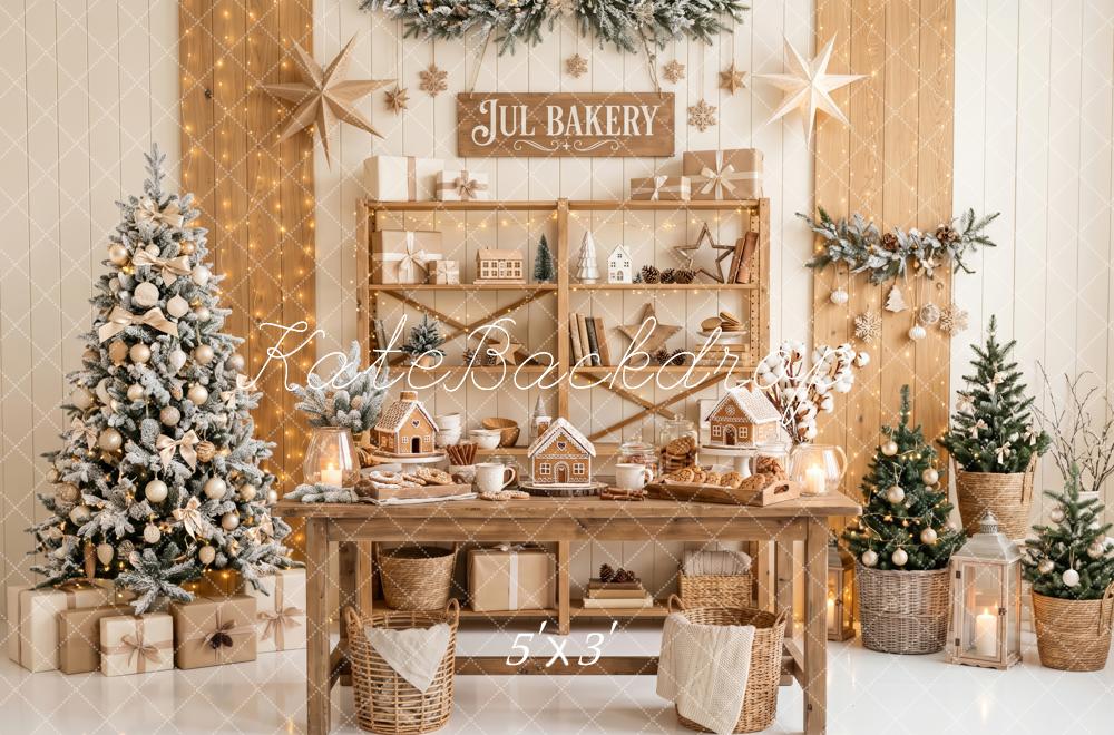 Kate Christmas Kitchen Bakery Gingerbread House Trees Neutral Printed Backdrop Designed by Patty Roberts