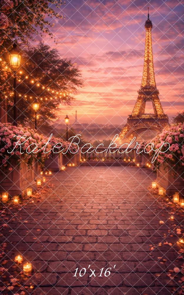 Kate Sweep Eiffel Tower Evening Cobblestone Pathway Flowers Printed Backdrop Designed by Vertigo Productions