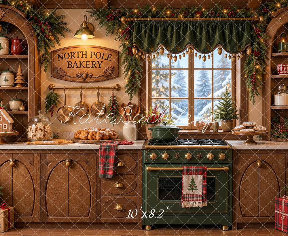 Kate Christmas Kitchen Rustic Bakery Green Oven Snowy Window Printed Backdrop Designed by Shutter Swan Studios
