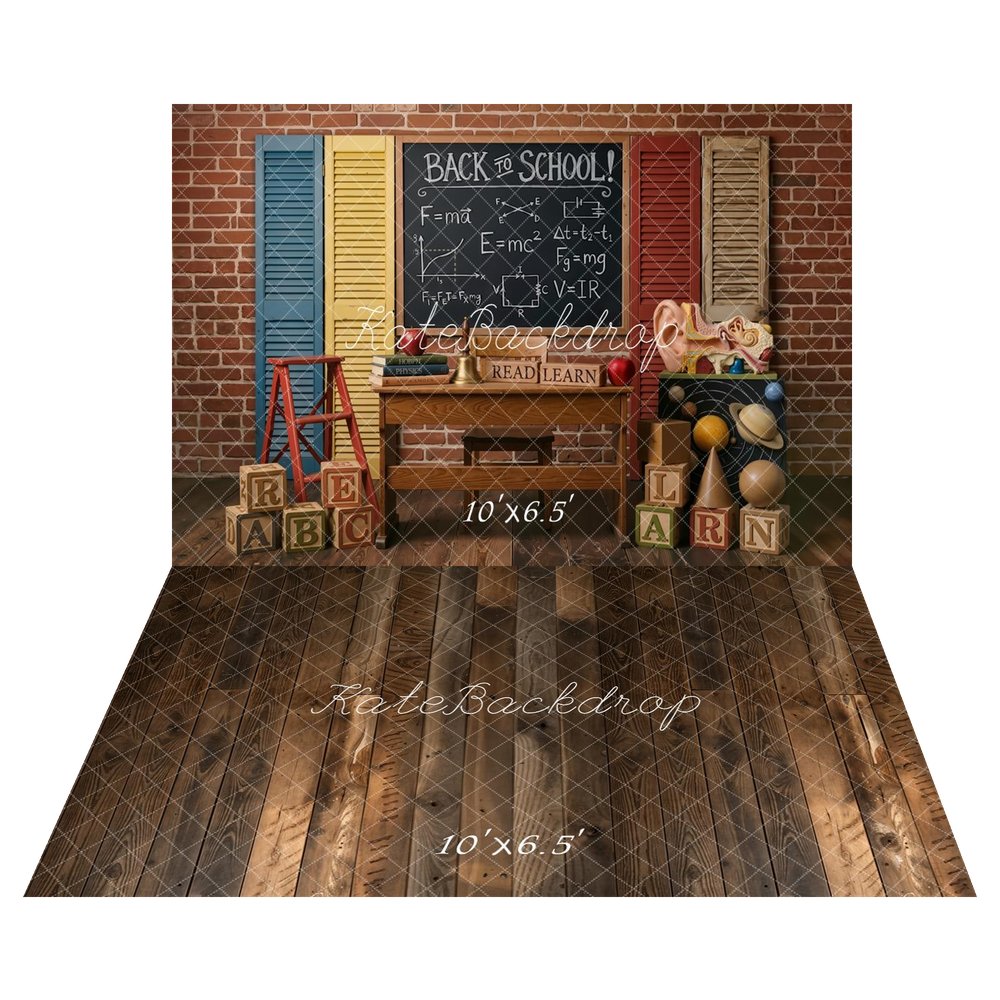 Kate Back To School Blackboard Brick Wall Books Blocks Planets Backdrop+Brown Wood Plank Vintage Wall Backdrop