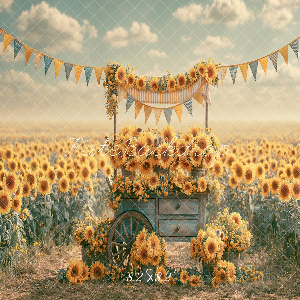 Kate Fall Sunflower Flower Cart Field Bunting Printed Backdrop Designed by Angela Miller