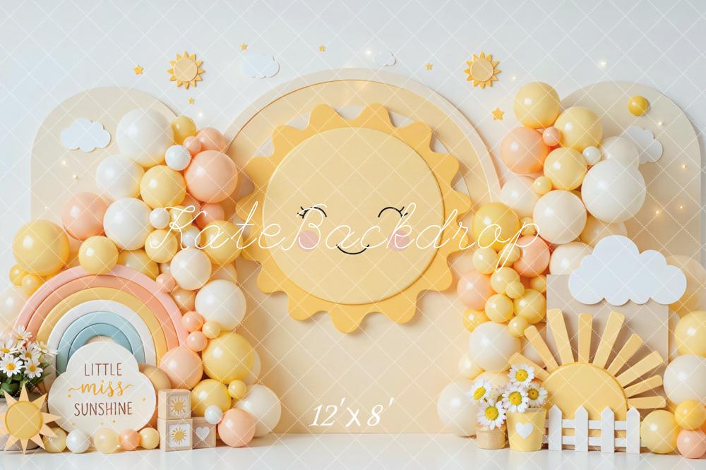Kate Cake Smash Sunshine Rainbow Balloons Clouds Yellow Printed Backdrop Designed by Mini MakeBelieve