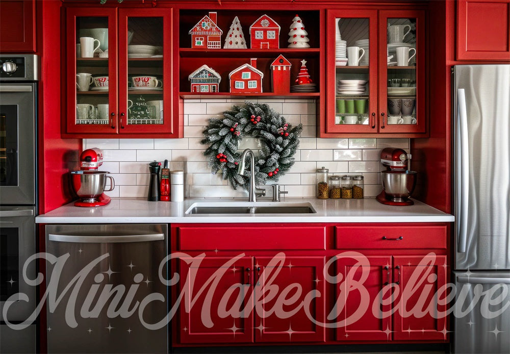 Kate Christmas Indoor Red Kitchen Backdrop Designed by Mini MakeBelieve