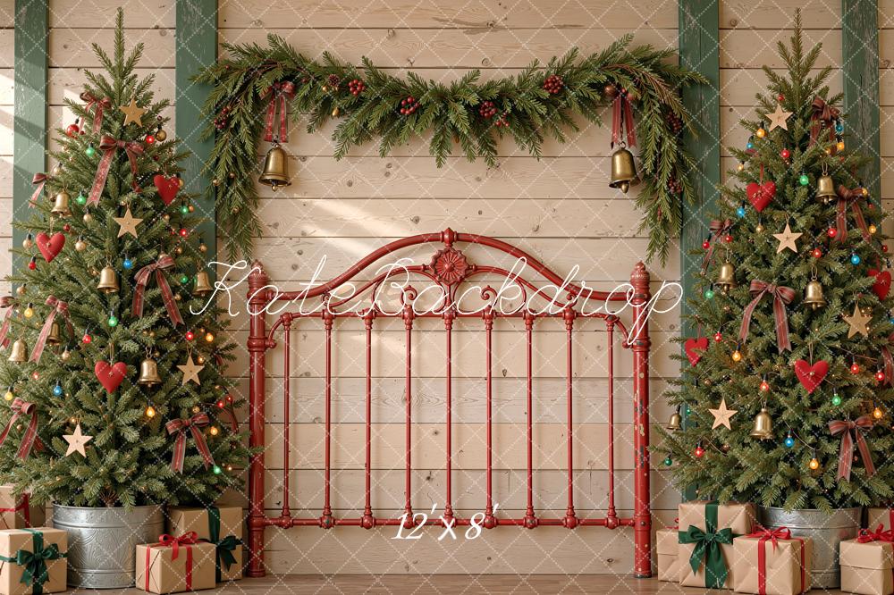 Kate Christmas Trees Red Iron Headboard Garland Printed Backdrop Designed by Shutter Swan Studios