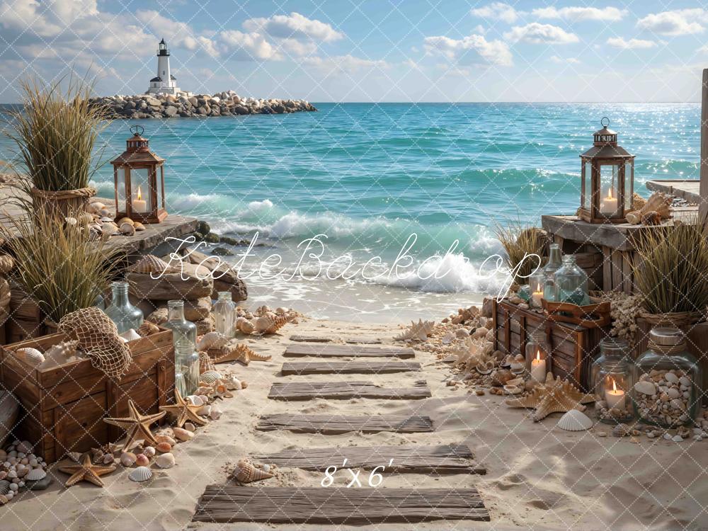 Kate Beach Lighthouse Lantern Coastal Pathway Printed Backdrop Designed by Mini MakeBelieve