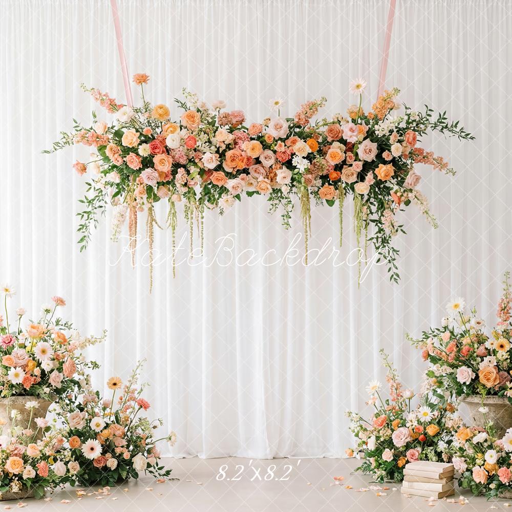 Kate Spring Flower Arch Peach and White Floral Arrangement Printed Backdrop Designed by Patty Roberts