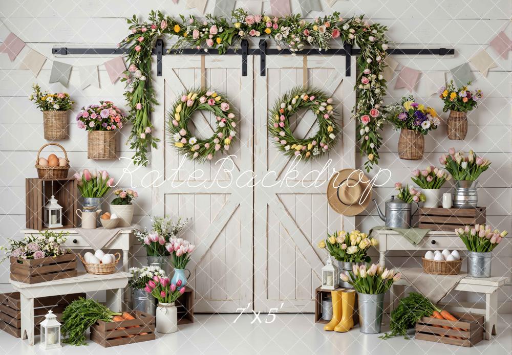 Kate Spring Tulip Wreath Barn Door Backdrop Designed by Mini MakeBelieve