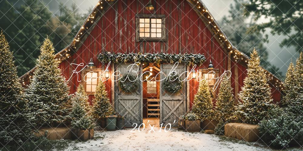 Kate Christmas Red Barn Snowy Pine Trees Backdrop Designed by Emetselch