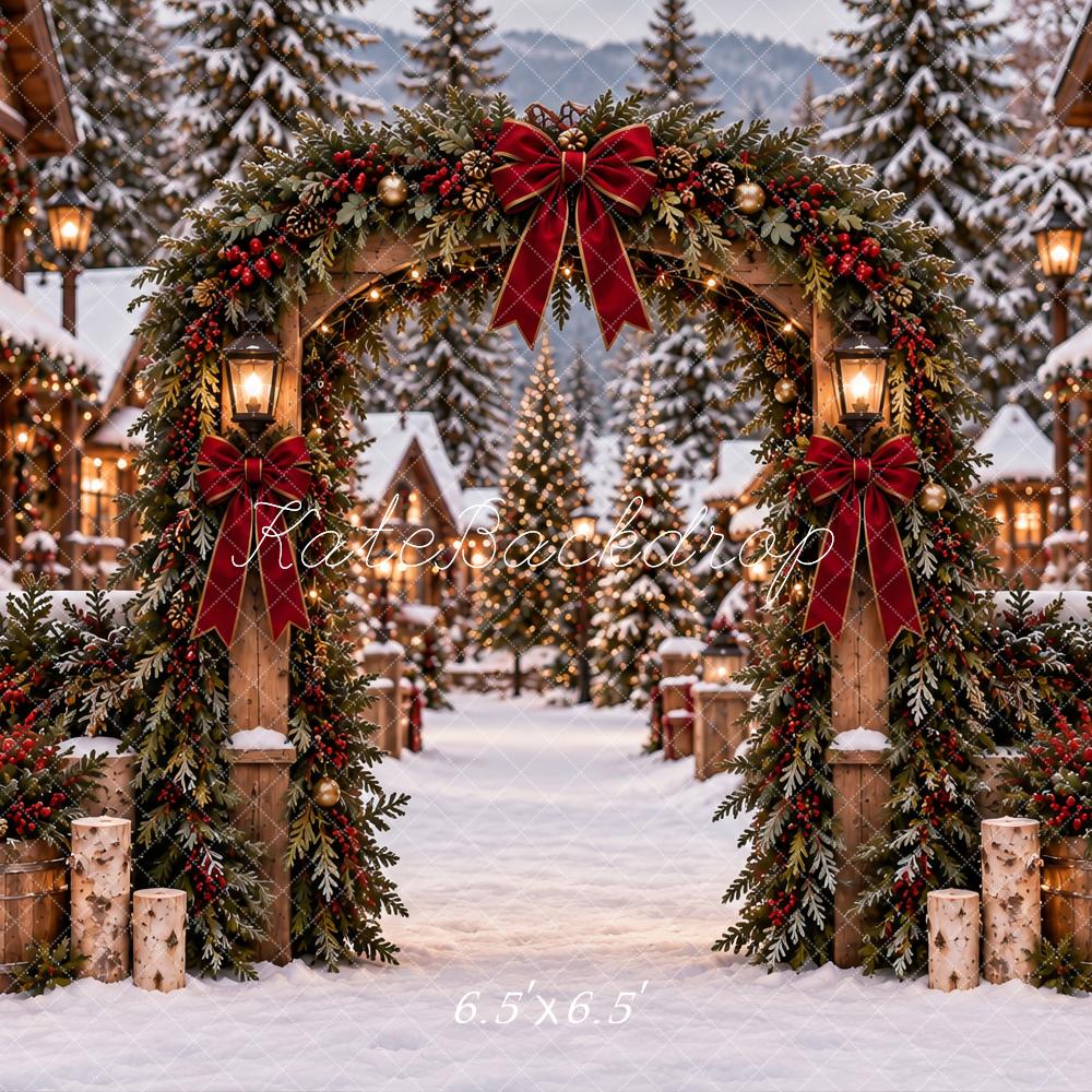 Kate Christmas Snowy Village Arch Garland Red Bow Printed Backdrop Designed by Ashley Paul
