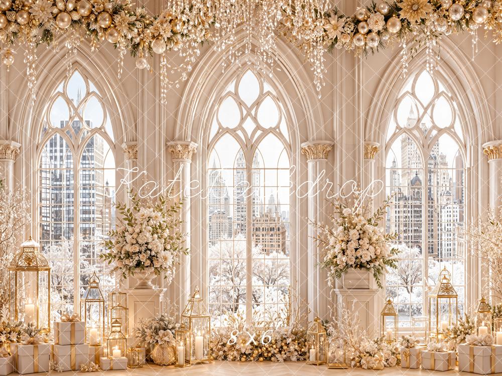 Kate Christmas Luxury White Floral Arched Windows Winter Cityscape Printed Backdrop Designed by Emetselch
