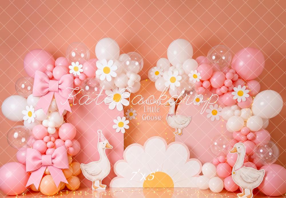 Kate Cake Smash Pink Daisy Balloons Silly Goose Bows Printed Backdrop Designed by Patty Roberts