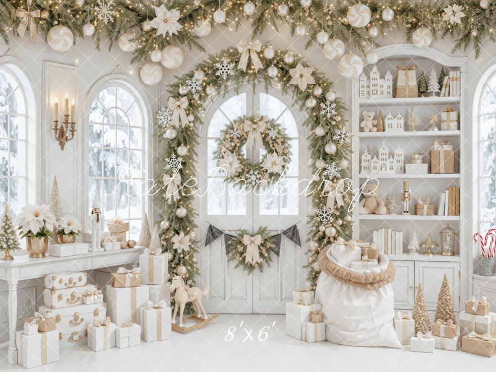 Kate Christmas White Garland Arch Gifts Toys Printed Backdrop Designed by Mini MakeBelieve