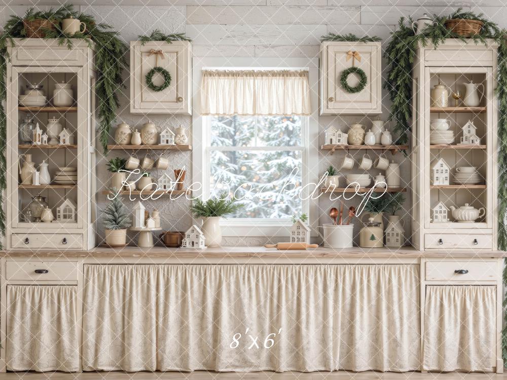 Kate Christmas Farmhouse Kitchen Cabinet Shelf White Printed Backdrop Designed by Mini MakeBelieve