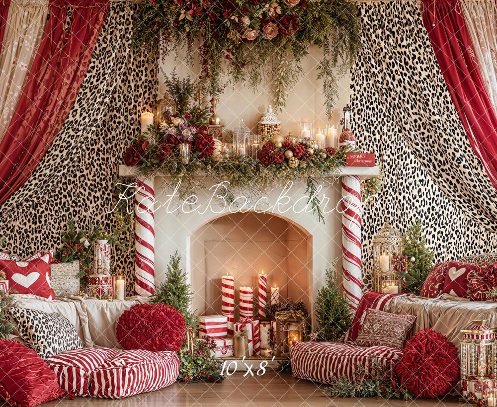 Kate Valentines Leopard Curtains Fireplace Red Pillows Sofa Backdrop Designed by Emetselch