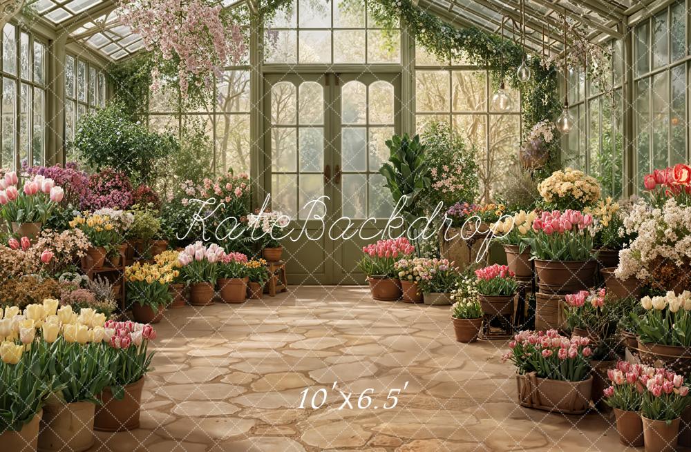 Kate Spring Greenhouse Flower Pots and Stone Floor Printed Backdrop Designed by Emetselch