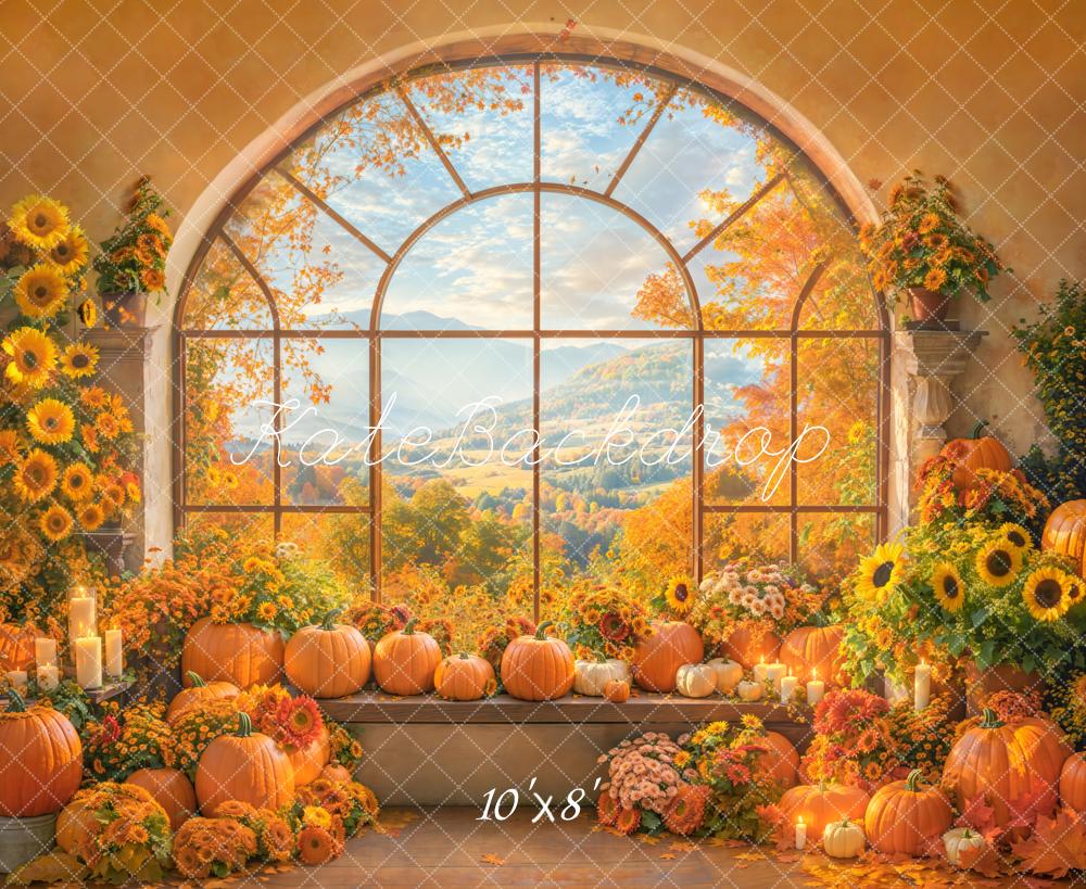 Fondo de Ventana Arqueada de Calabaza de Otoño y Girasol Diseñado por Emetselch