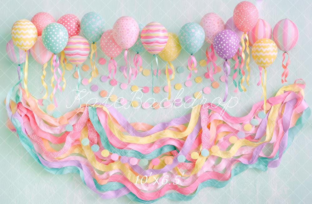 Kate Birthday Party Kids Pastel Balloons Streamers Printed Backdrop Designed by Angela Miller