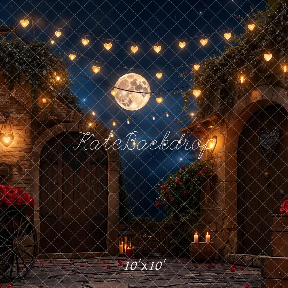 Kate Valentine Moonlit Courtyard Heart Lights Red Roses Backdrop Designed by Emetselch