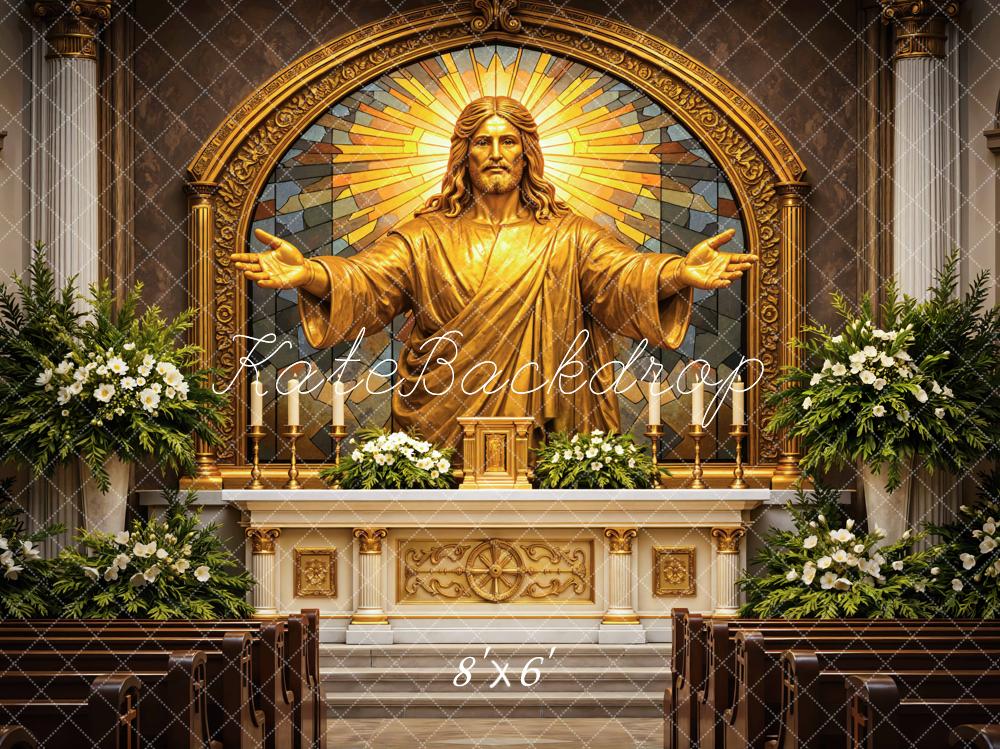 Kate Church Altar Gold Jesus Statue Stained Glass Floral Backdrop Designed by Mini MakeBelieve