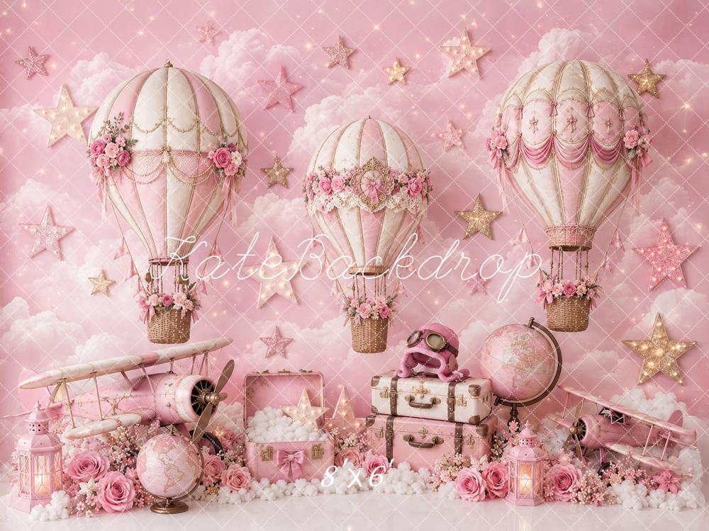 Kate Cake Smash Pink Hot Air Balloons Airplane Travel Printed Backdrop Designed by Ashley Paul