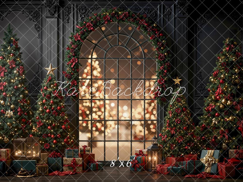 Kate Christmas Trees Garland Window Bokeh Gifts Black Backdrop Designed by Emetselch