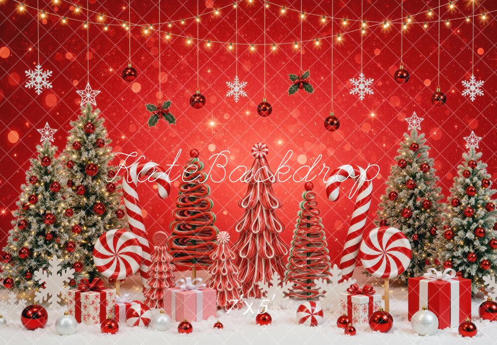 Kate Christmas Tree Red Candy Cane Gifts Snowflakes Holiday Printed Backdrop Designed by Mini MakeBelieve
