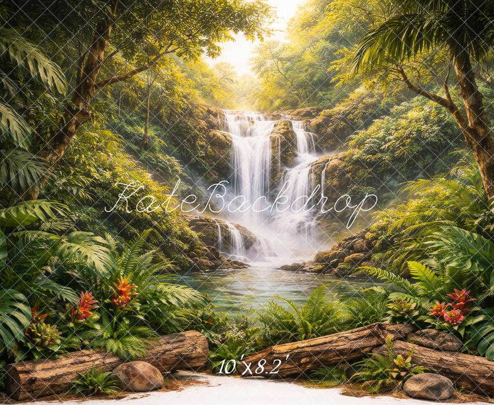 Kate Jungle Waterfall Logs Tropical Plants Printed Backdrop Designed by Megan Leigh Photography