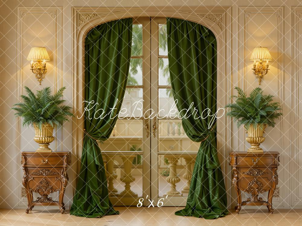 Kate Spring Indoor Green Curtain French Door Cabinet Backdrop Designed by Emetselch