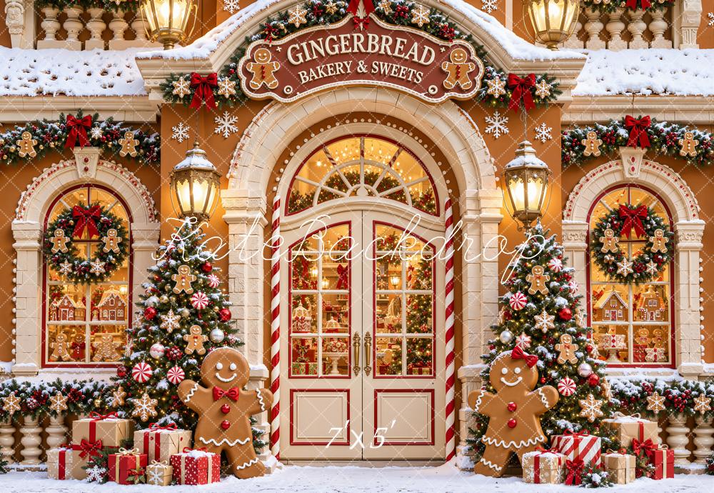 Kate Christmas Gingerbread Bakery Snowy Storefront Printed Backdrop Designed by Emetselch