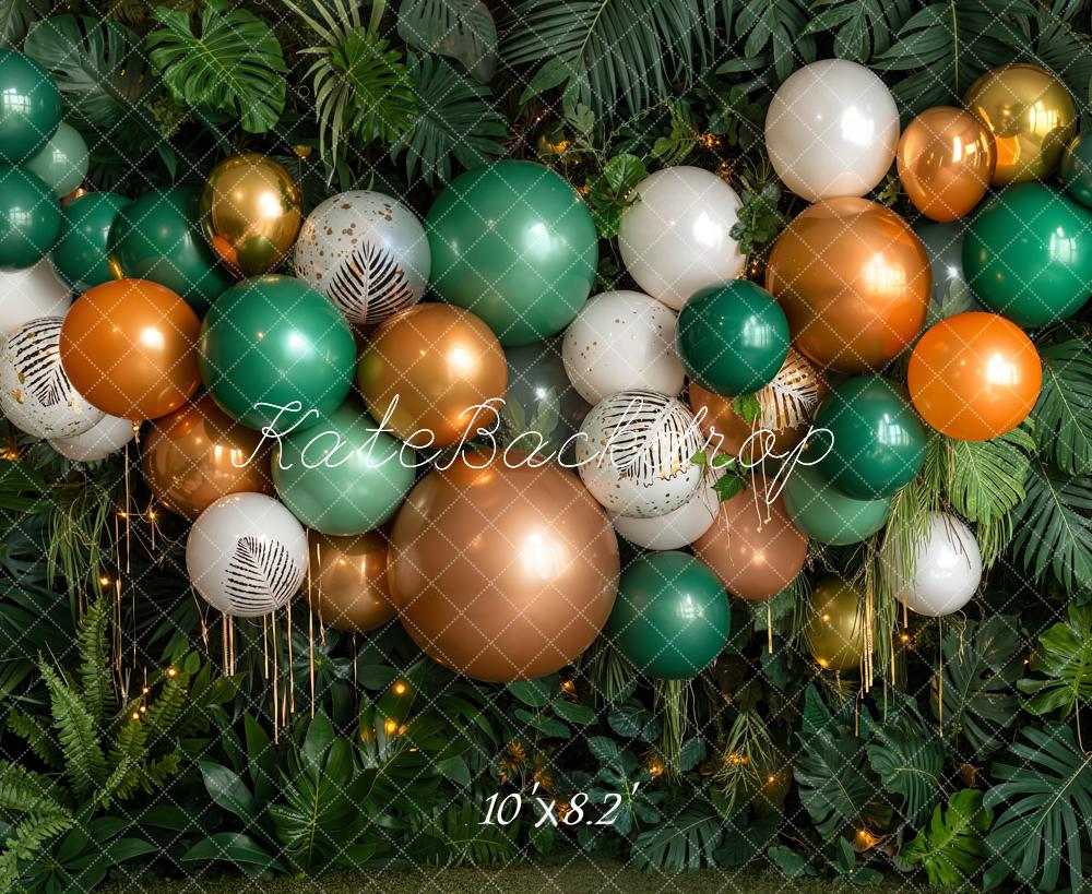 Kate Birthday Green Gold Balloon Garland Jungle Leaves Printed Backdrop Designed by Emetselch