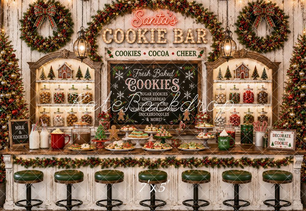 Kate Christmas Cookie Bar Stools Wreaths Rustic Printed Backdrop Designed by Ashley Paul