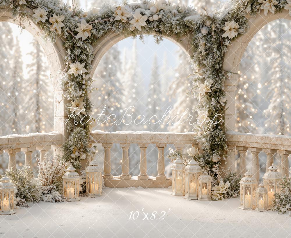 Kate Christmas Balcony Snowy Floral Arch Lanterns Printed Backdrop Designed by Emetselch