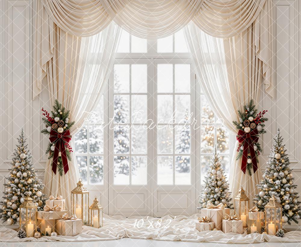 Kate Christmas White Window Curtains Christmas Trees Gift Boxes Lanterns Printed Backdrop Designed by Emetselch