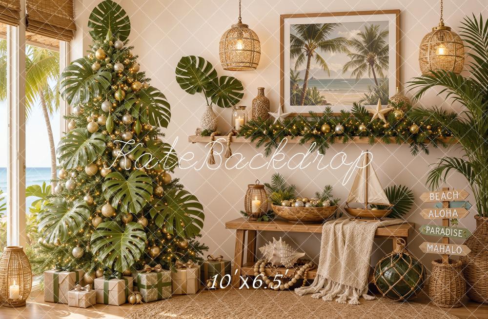 Kate Christmas Tree Tropical Beach Fireplace Printed Backdrop Designed by Shutter Swan Studios