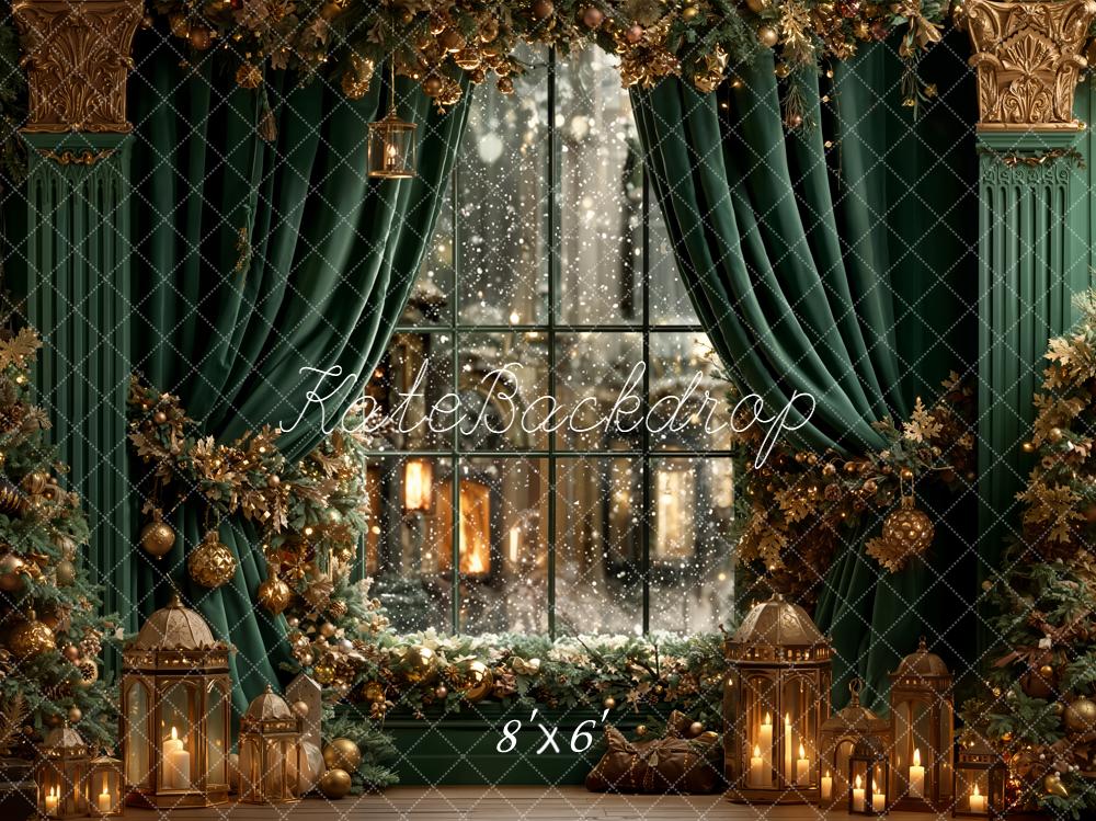 Kate Christmas Green Curtains Window Garland Lanterns Backdrop Designed by Emetselch