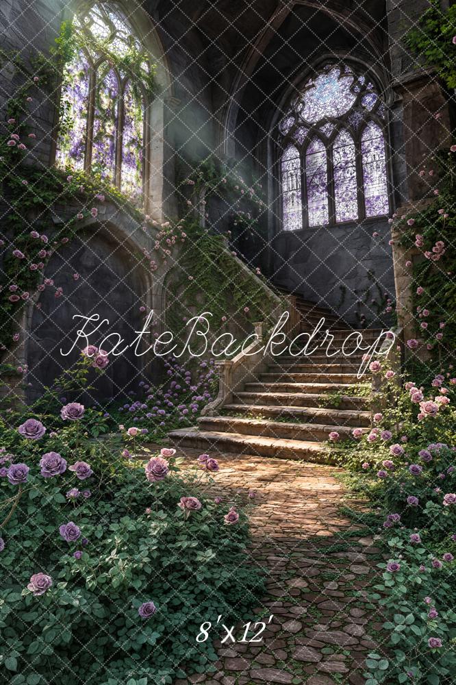 Kate Spring Cascading Stairs Stained Glass Rose Garden Printed Backdrop Designed by Chain Photography