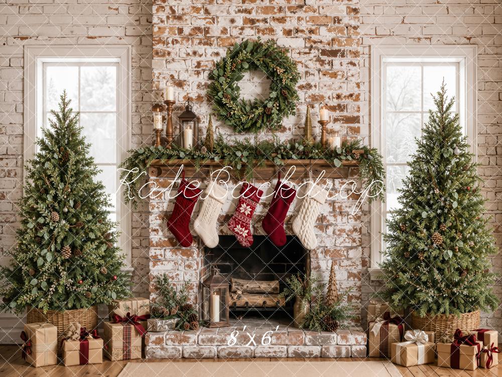 Kate Christmas Distressed Brick Fireplace Christmas Trees Wreath Printed Backdrop Designed by Emetselch