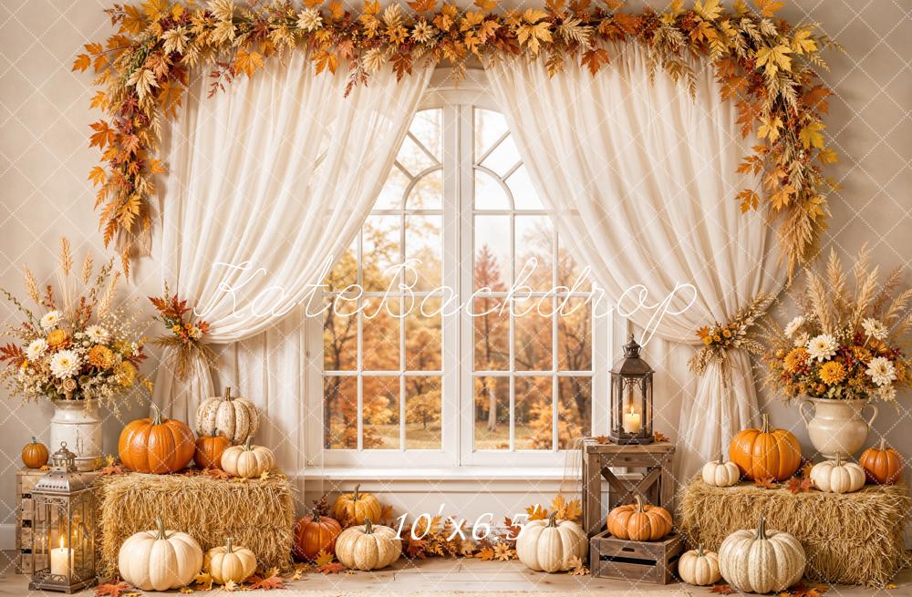 Kate Fall Window White Curtains Pumpkins Hay Bale Maple Garland Printed Backdrop Designed by Emetselch