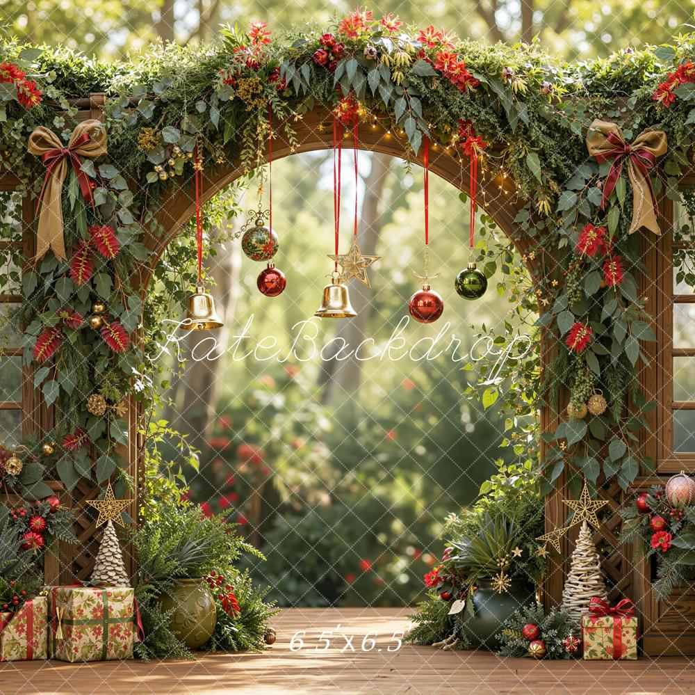 Kate Christmas Circular Arch Garland Garden Windows Presents Printed Backdrop Designed by Emetselch
