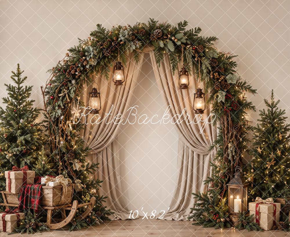 Kate Christmas Tree Evergreen Arch Draped Curtains Neutral Printed Backdrop Designed by Emetselch